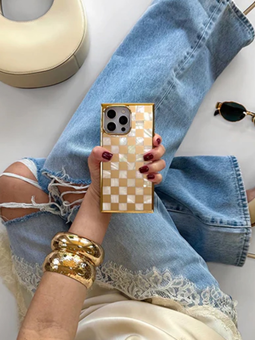 FLAUNT // Elite Gold Checkered Mother of Pearl iPhone 17 Pro Max Case + MagSafe